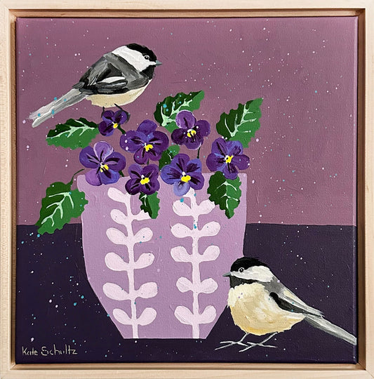 Chickadees in the Pansies