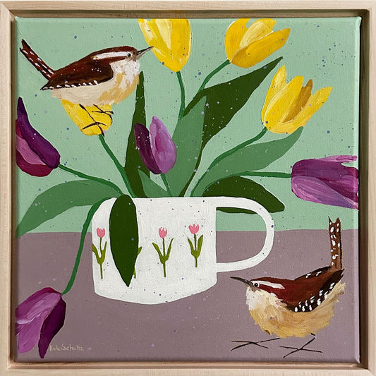 Wrens in the Tulips