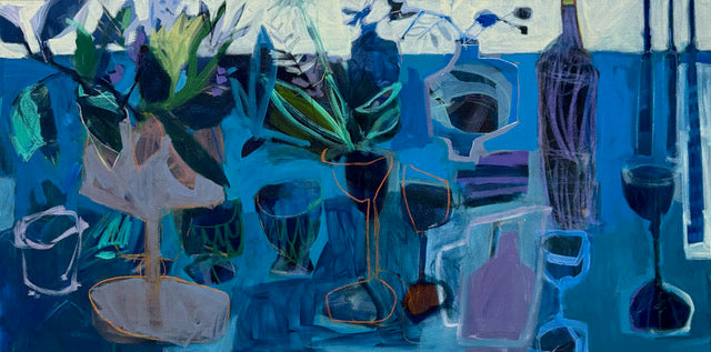 Blue Table with Bottles, Glasses, and Foliage