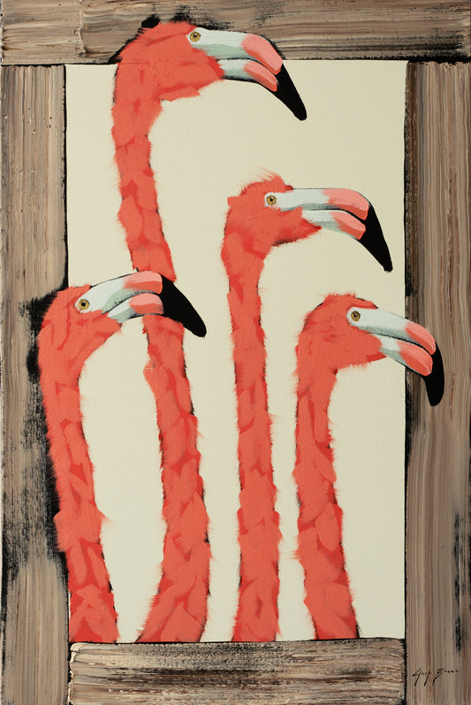 Four Flamingo in Wooden Frame