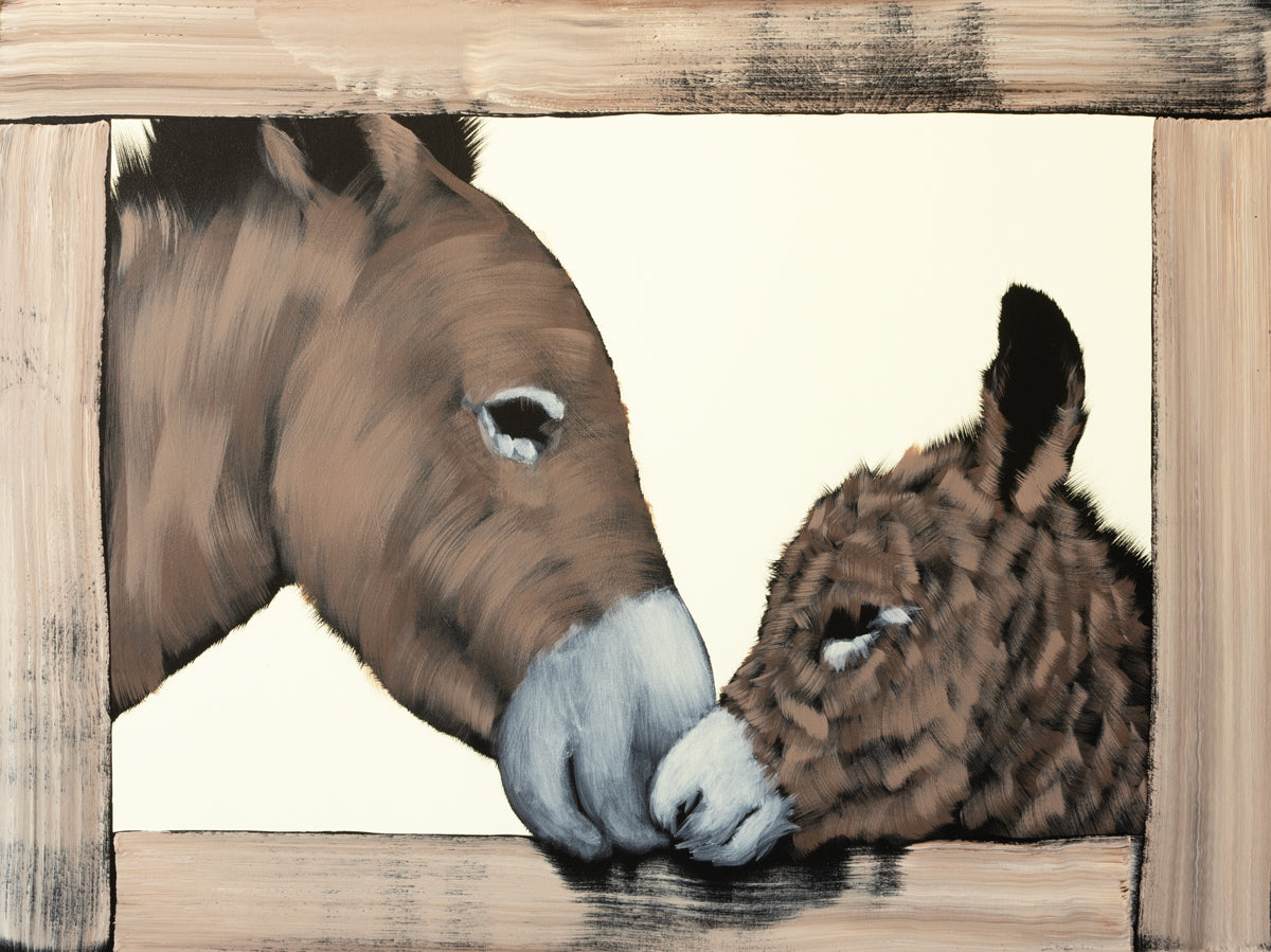 Mother and Child Donkey in Wooden Frame