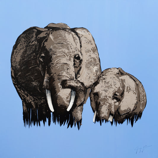 Mother and Child Elephant on Blue