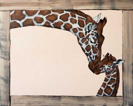 Mother and Child Giraffe in Wooden Frame