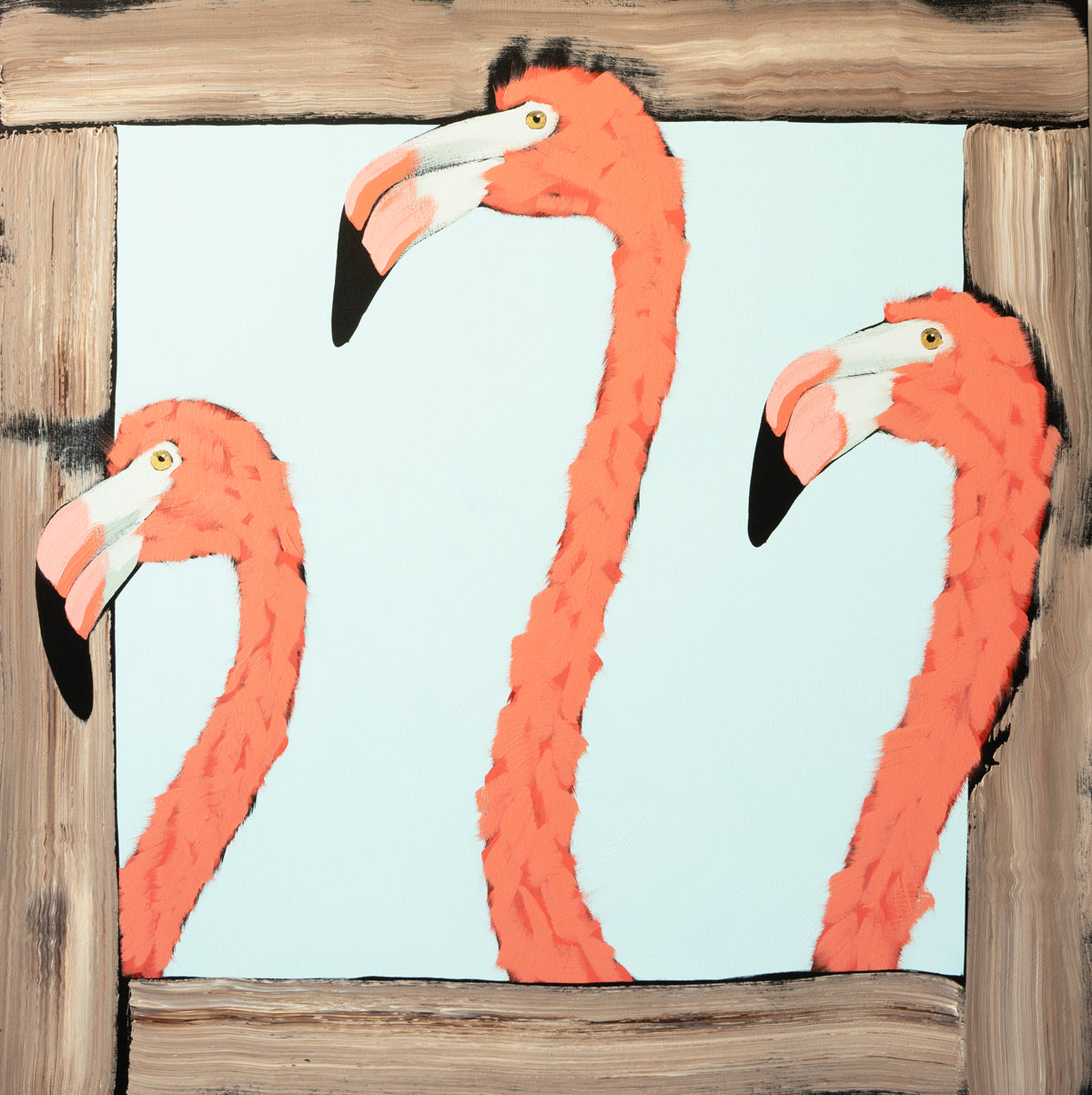 Three Flamingo in Wooden Window