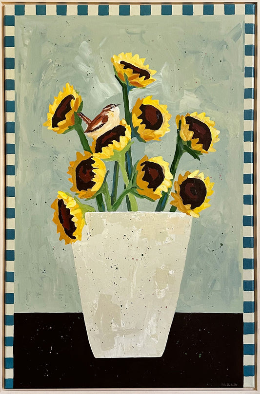 Wren in the Sunflowers - Blue