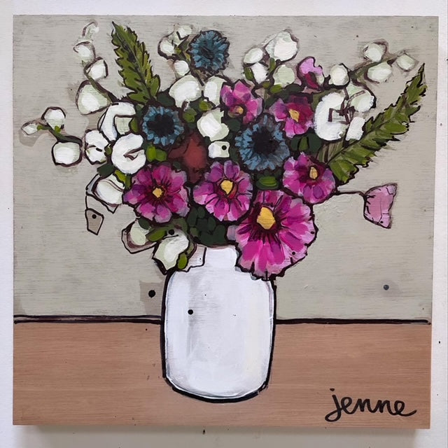 Pale Gray with Pink Flowers and White Vase I